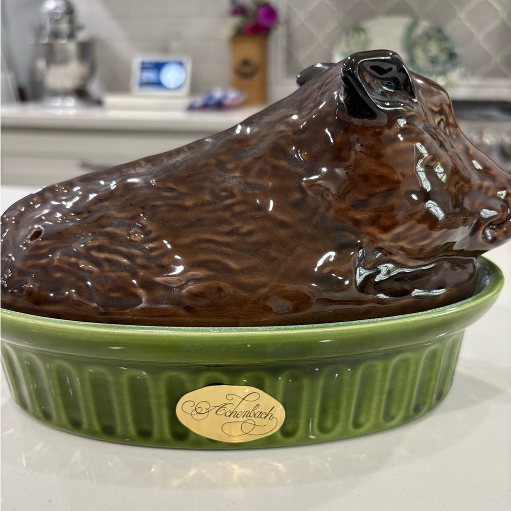 Vintage French Brown and Green Ceramic Wild Boar soup tureen
